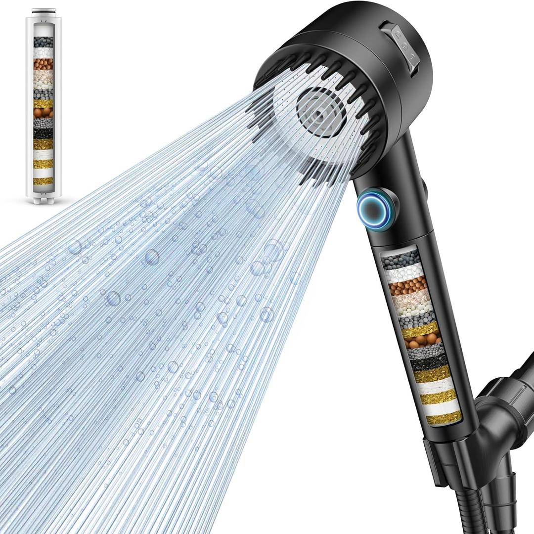 Filtered Shower Head with Handheld, High Pressure 5-Spray Shower Head with Filters for Hard Water, ON/OFF Switch Showerhead for Pets Bath, Shower Heads Filter - Remove Chlorine, Reduce Dry Itchy Skin (Black)