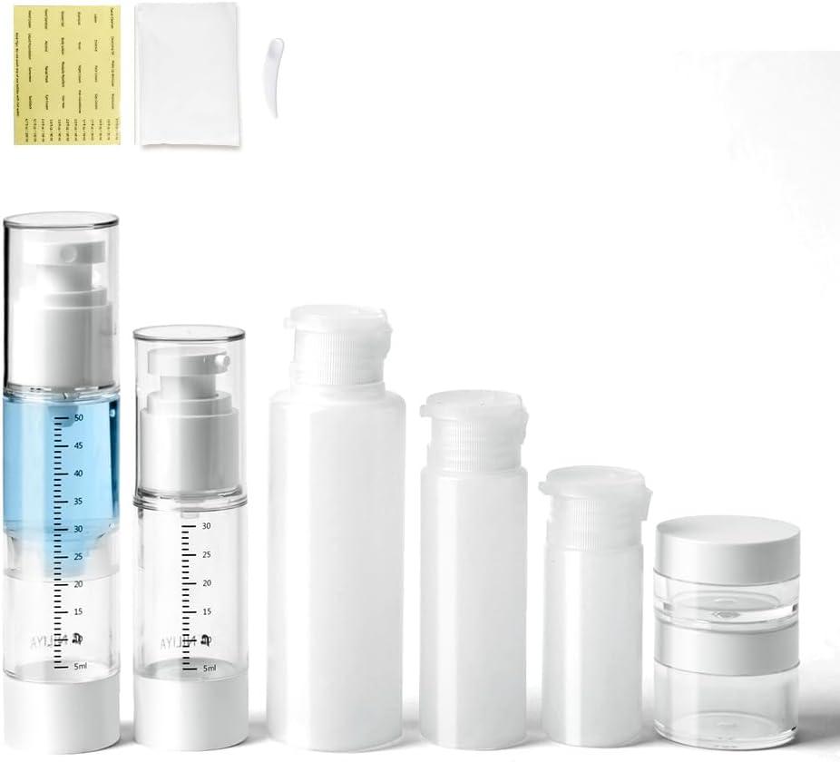 Travel Bottles Kits 7 Pcs , TSA Approved Leak Proof Toiletry Container Set, Graduated Vaccumn atomizer and Lotion Bottle, Squeeze Bottle, Transparent Cream Jar, for Shampoo Lotion Cream Cosmetic