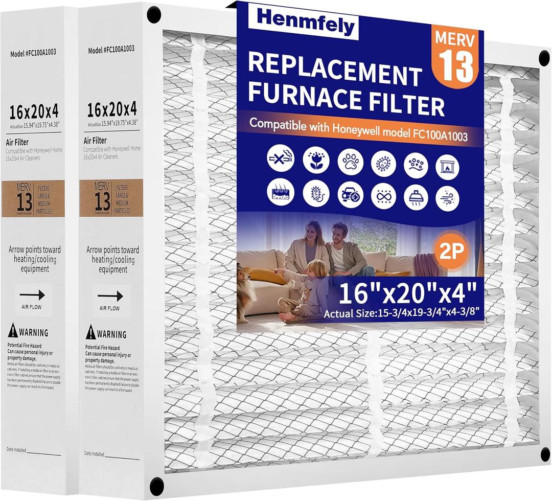 2-Pack 16x20x4 Furnace Filter, FC100A1003 Pleated HVAC Filter Replacement, Foldable Design for Easy Installation & Space-Saving (Actual Size: 15.94 x 19.75 x 4.38 Inches)