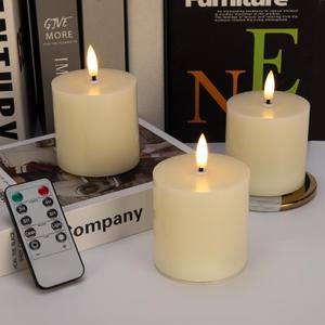 Ivory Flameless Candles Set of 3, 3x3 Real Wax LED Candles with Remote & Timer, Safe Battery Operated Candlelight for Homes with Kids & Pets, Warm Ambient Lighting for Home Decor