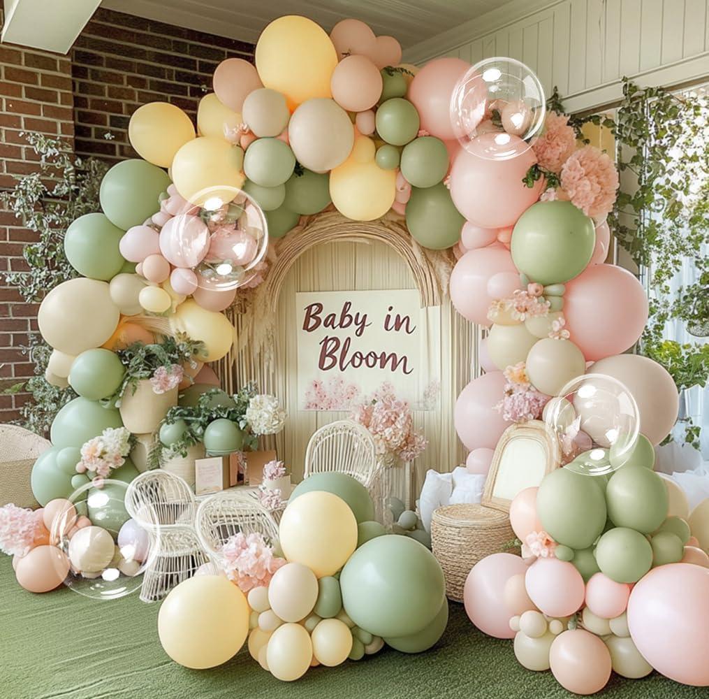 Pink Green Yellow Balloon Arch Kit, Double Stuffed Sage Green Pastel Pink Yellow White Sand Balloon Garland Beige Cream Balloons for Baby Shower Birthday Wedding Easter Fairy Flower Tea Party Decor