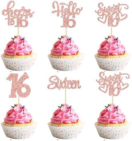 30Pcs 16th Birthday Cupcake Toppers Sixteen Happy 16th Cupcake Picks Cheers to 16 Sweet 16 Cake Decorations for Anniversary Party Supplies Rose Gold Glitter