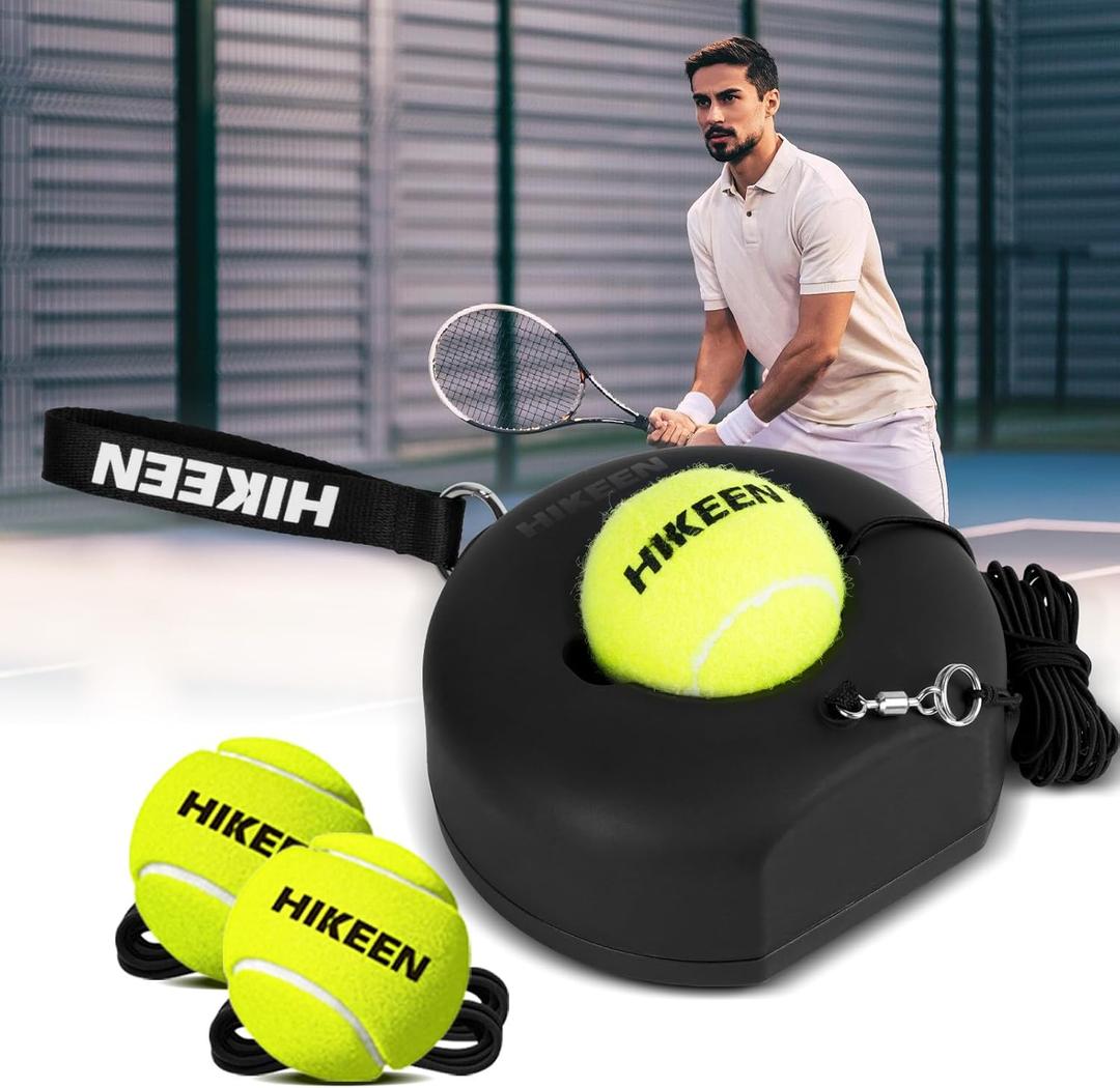 Hikeen Premium Tennis Trainer Rebound with Metal Base,Portable Solo Tennis Trainer Set with 3 Highly Elastic String Balls,Tennis Practice Equipment for Adult Kids and Beginners (Black)