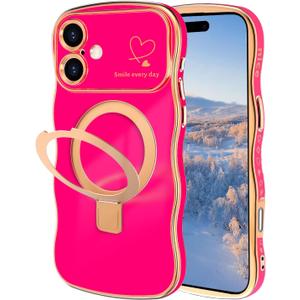 for iPhone 16 Magnetic Case with Stand, Luxury Electroplating Shockproof Wave Curly Frame and Heart Pattern, Lens Edge Raised Protection for iPhone 16-Rose Red
