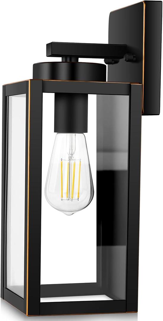 BesLowe Outdoor Wall Light Fixtures, Exterior Waterproof Wall Lanterns, Porch Sconces Wall Mounted Lighting with Glass Shades, Modern Wall Lamps for Garage Front Door Entryway, Black with Gold Trim (12.8" (1-Pack))