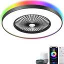 24" Bladeless Ceiling Fan with Light, Low Profile Ceiling Fan with with Alexa, Remote/APP/Voice Control, Modern Flush Mount Ceiling Fans Dimmable Color Chaning LED-RGB Ambient Light Black