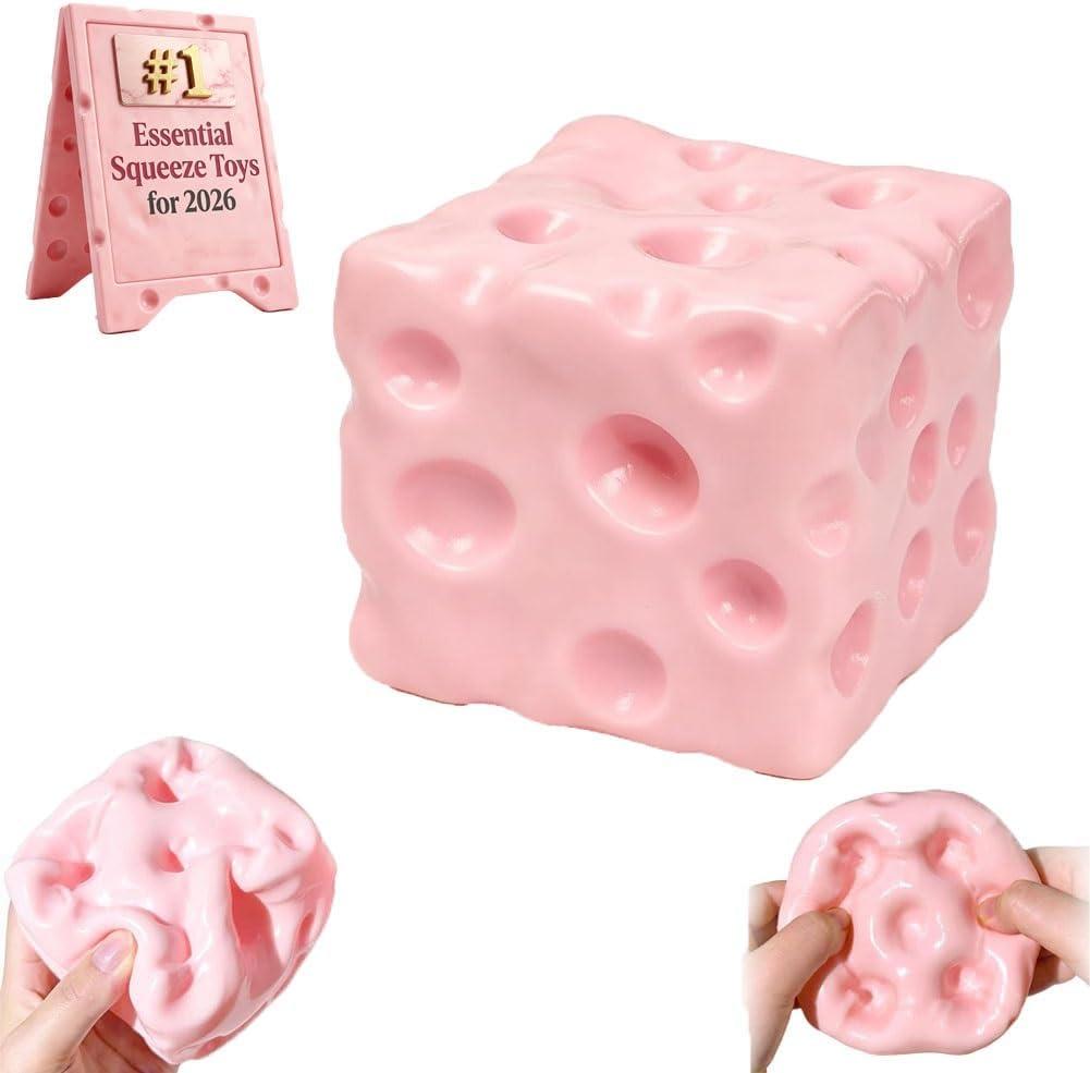 Jumbo Slow Rising Squeeze Cheese Cube, Pink Cheese Squishy Stress Relief, Shapeable Sensory Fidget for Adults, Soft Sugar Squish Ball, Big Cheeses Stress Toy Desk Gift