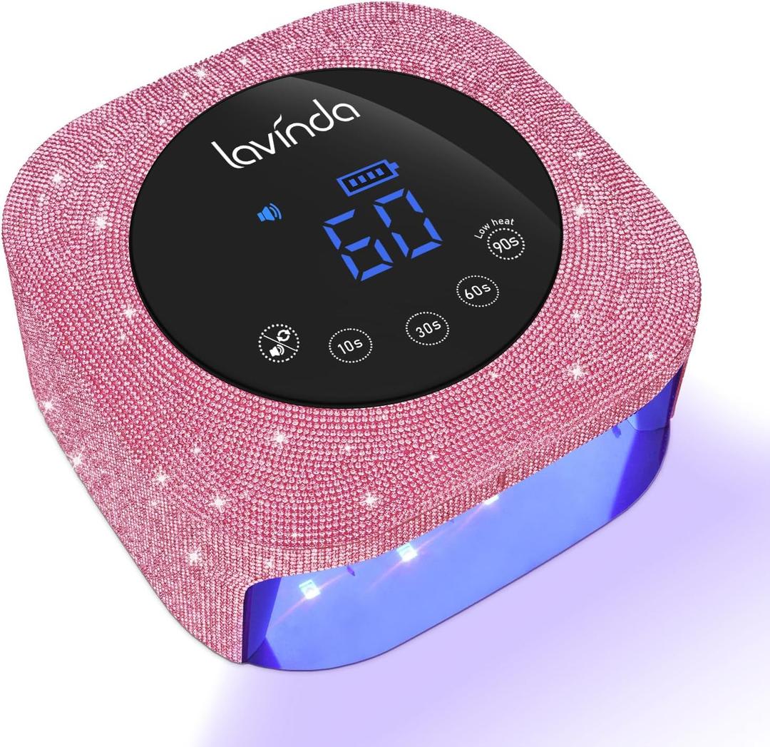 UV Nail Lamp 54W, Cordless Gel UV Led Nail Lamp for Gel Nail Polish, Rechargeable UV Nail Light Nail Dryer with 4 Timer and LCD Display, Professional Fast Curing Lamp Nail Art Tools with Rhinestone (Pink Diamond)