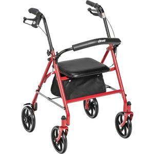 Drive Medical 10257RD-1 4 Wheel Rollator Walker With Seat, Steel Rolling Walker, Height Adjustable, 7.5" Wheels, Removable Back Support, 300 Pound Weight Capacity, Red
