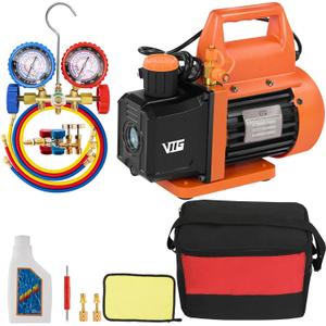 VTG VOGTEN 4.5 CFM AC Vacuum Pump and Gauge Set,for Mini Split/HVAC/Auto Systems,Manifold Gauge Kit Compatible with R134a R12 R22 R502,Includes 2 R134a Can Taps,R410a Adapters