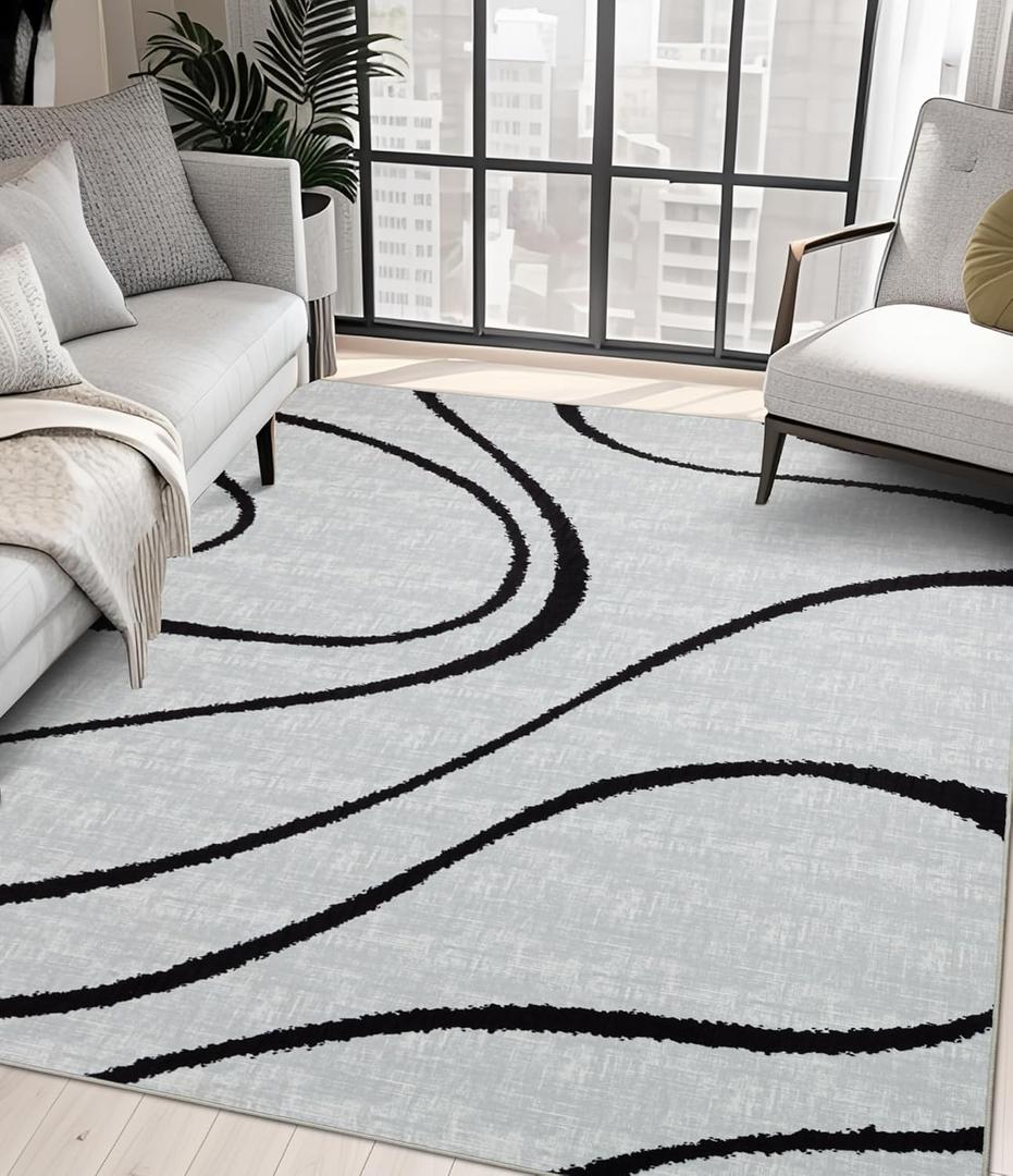 YIHOUSE Abstract Washable Rug 5x7,Ultra-Thin Non Slip Gray and White Rugs for Living Room,Modern Minimalist Black Stripe Rugs for Bedroom,Throw Carpet for Dining Room Office Playroom (5'x7',Gray)