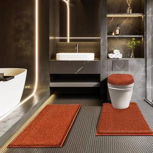 Bathroom Rugs Sets 3 Piece with Adjustable Toilet Seat Cover 17.5"x 15" Machine Washable Bath Rug Set with TPR Non Slip Rubber Backing Solid Bath Mat Set for Luxury Bathroom Decoration (Reddish Brown)