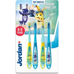 Jordan* ® | Step 3 Toothbrush for Children | Toothbrush for Ages 6 to 9 Years | Soft Bristles, Double Ergonomic Handle & BPA-Free | Blue & Green | Pack of 4