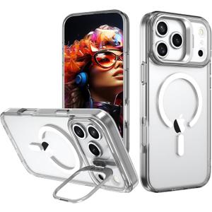 IDweel for iPhone 17 Pro Max Case with Built-in Camera Stash Stand, Compatible with MagSafe, Slim Fit & Lightweight, Magnetic Hard Back Soft Edge Anti-Yellow Sturdy Flexible Shockproof Cover,Clear