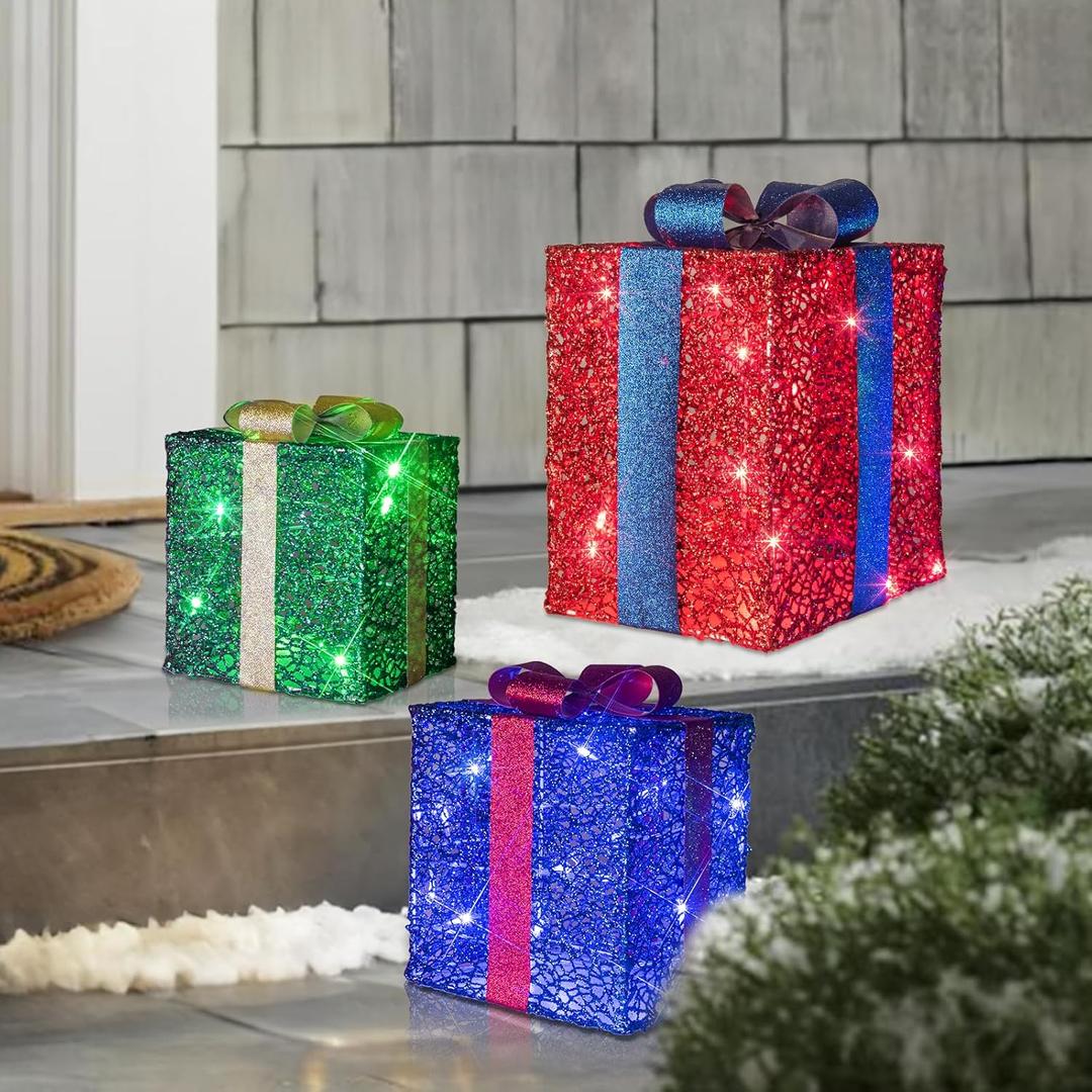 Vanthylit Set of 3 Christmas Lighted Gift Boxes, Outdoor Led Present Box Lights with Bow, Light Up Muticolor Present Box Set Plug in for Yard Lawn Porch Garden Holiday Party Christmas Home Decorations