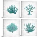 Apicoture Coral Canvas Wall Art for Bathroom Decor - Set of 4 Teal Coral Wall Decor Panels, Modern Artwork for Bedroom or Office, 12x12 Inch Each