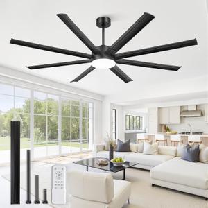 72 Inch Large Ceiling Fans with Lights and Remote, Black Modern Ceiling Fan with 6 Speed 9600 CFM Reversible Quiet DC Motor, 3CCT, 3 Downrods, 8 Blades- Ideal for Bedroom, Living Room