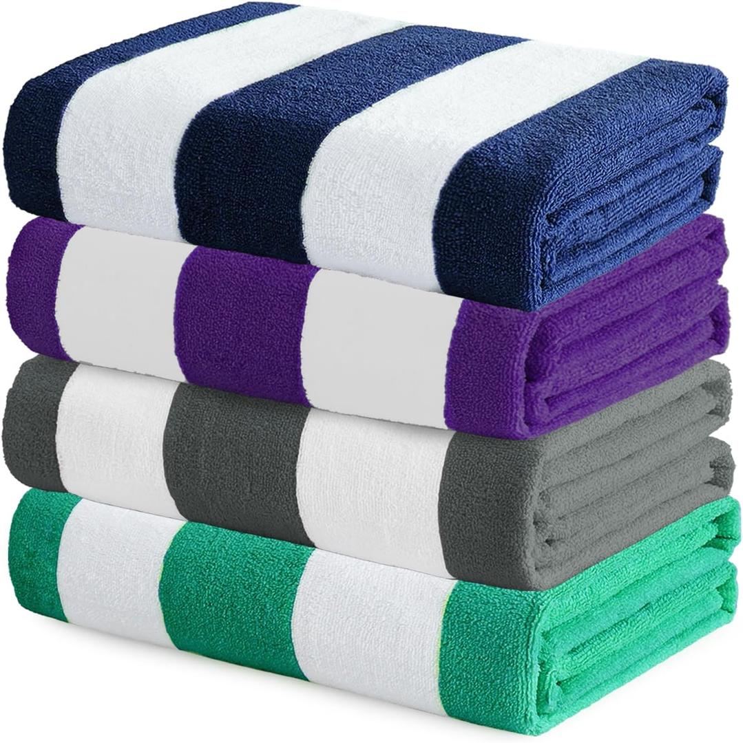 Exclusivo Mezcla 4 Pack Beach Towels, Large Microfiber Striped Beach Bath Pool Towel Set for Kids and Adults, Lightweight and Absorbent, 30x60 Inches, Purple/Navy/Grey/Caribbean Green