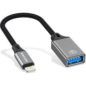 AGVEE 4 inch Lightning to USB Female Camera Adapter, OTG Cable for iPhone iPad to Connect Card Reader, USB Flash Drive, MIDI, Keyboard, Mouse, Hubs, Plug & Play, Dark Gray