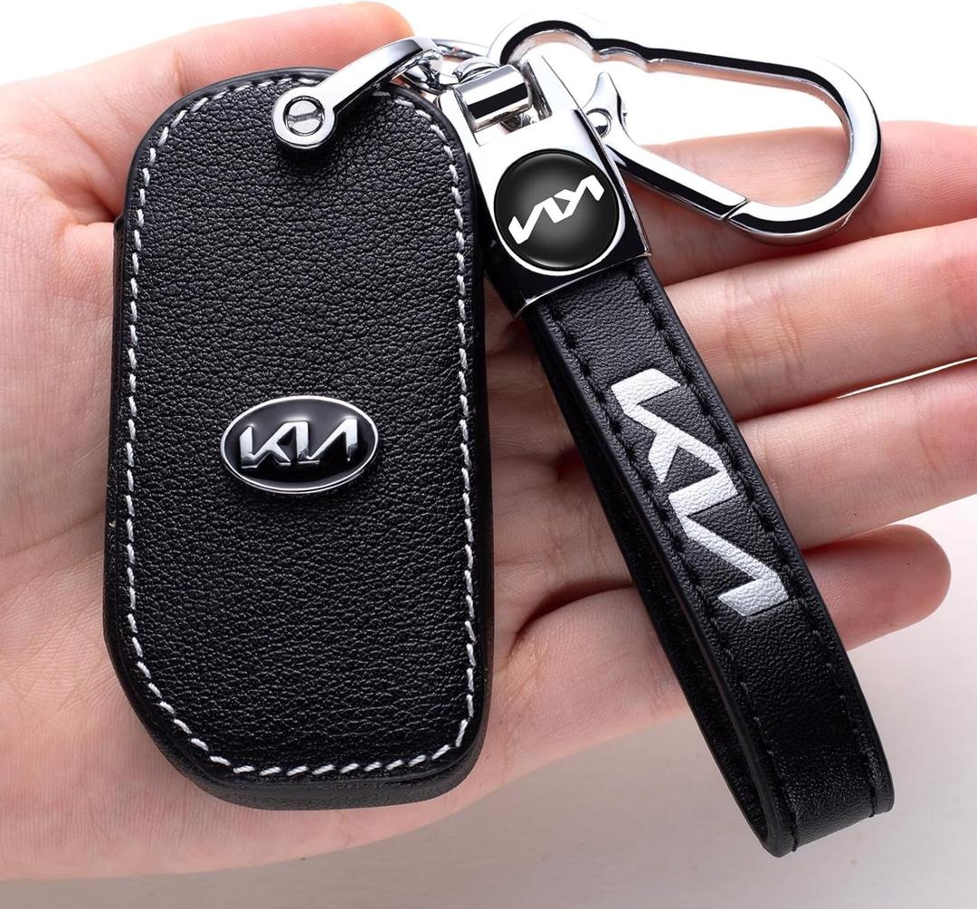 Leather Car Key Fob Case, 4-Button, Black, for Kia Ceed, Cerato, Forte, Niro, Seltos, Sorento, Soul, Sportage, Telluride