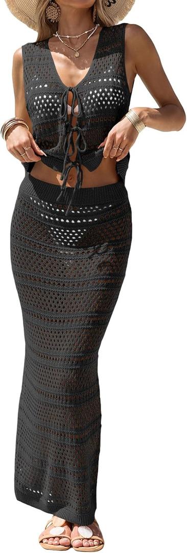Fisoew Womens Summer Crochet Swim Cover Up 2 Piece Sleeveless Front Tie Crop Tops Beach Maxi Skirt Boho Coverup Set (Small, Black)
