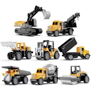 HONGTUO Alloy Mini Construction Vehicles, 8Pcs Die-cast Construction Toys Set, Excavators Mixer Truck Bulldozers Forklift Dump Truck, Pull Back Car Toys for Toddlers Kids Boys & Girls