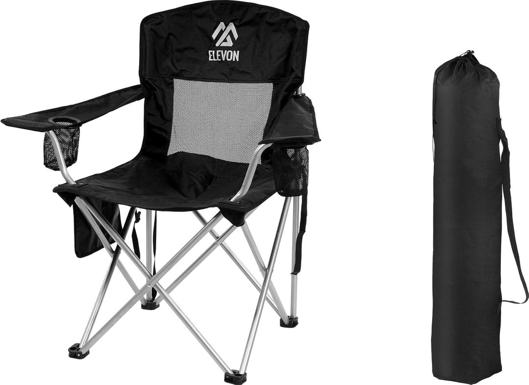 Camp Chairs Outdoor, Folding Chair Camping Recliner Support Mesh Backrest, Lawn Chair with Cup Holder, Storage Pocket, Carrying Bag, Black (Camping Chair)