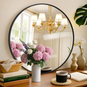 Black Mirror 24"x24" Circular Bathroom Mirror, Wall Mounted Mirror, Black Vanity Wall Mirror Frosted Metal Frame Anti-Rust, Tempered Glass Hangs Horizontally Mirror for Bedroom, Entryway, Living Room