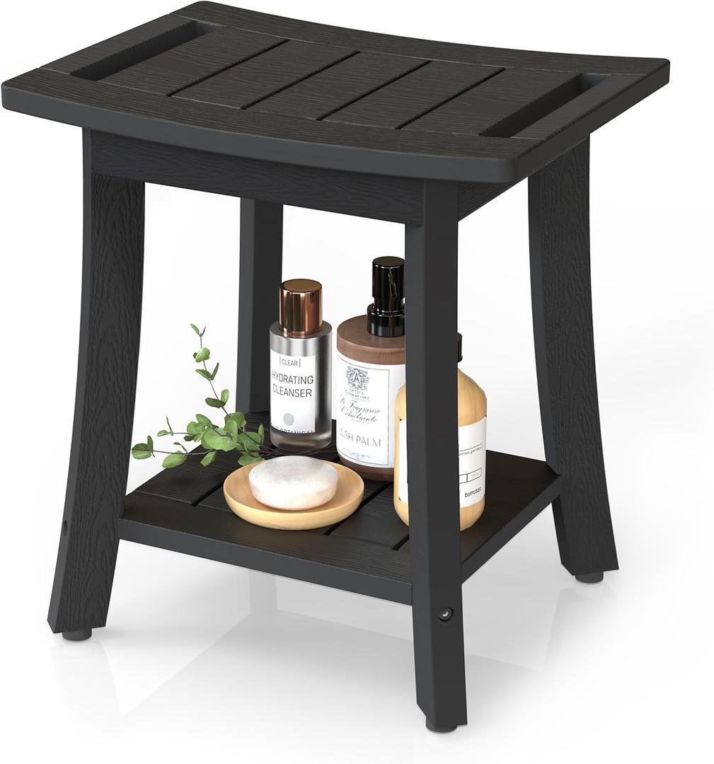 Waterproof Shower Benches for Inside Shower, Poly Lumber Shower Stool with Storage Shelf & Adjustable Feet, SPA Bathroom Seat Chair for Shaving Legs, Indoor or Outdoor Use, Black