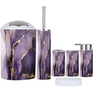 Bathroom Accessory Set 6 Piece Purple Marble Gold Stripes Alcohol Ink Luxury Violet Black Watercolor Toothbrush Holder, Toothbrush Cup, Soap Dispenser, Soap Dish, Toilet Brush Holder, Trash can