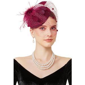 BABEYOND Fascinator Hat Veil Feather Fascinators Hair Clip Tea Party Pillbox Derby Hat Fascinator Bridal Wedding (Ancora Red)