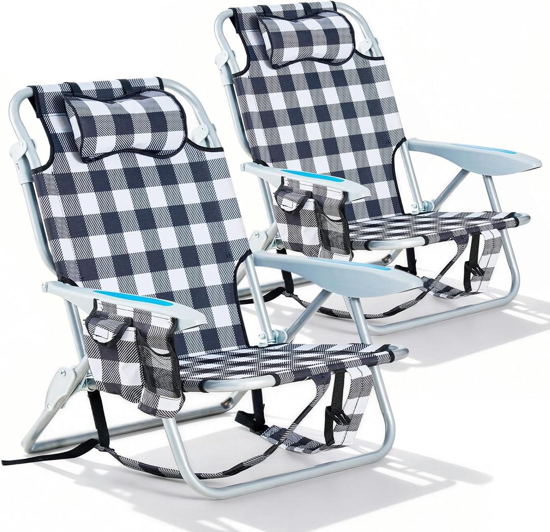 2 Pack Lightweight Portable Camping Beach Chair for Adults, Outdoor Lay Flat Folding Beach Chairs with 5 Positions, Backpack Beach Chair with Towel Bar, Zipper Pouch, Cup Holder, Plaid
