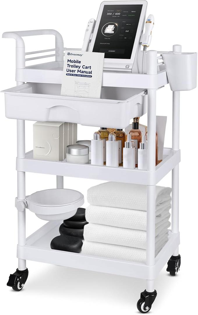 Medical Carts with Wheels 3-Tier Mobile Trolley Cart 100 LBS Max Load Medical Rolling Utility Cart with Drawers Dirt Basin Storage Buckets for Hospital Dental Clinic Lab Salon Home