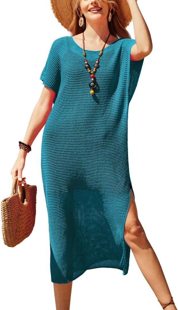 VOTEPRETTY Womens Two Piece Cover Ups Sets Crochet Beach Vacation Summer Swimwear Short Sleeve Outfits Split Knit Long Dress (Blue, L)
