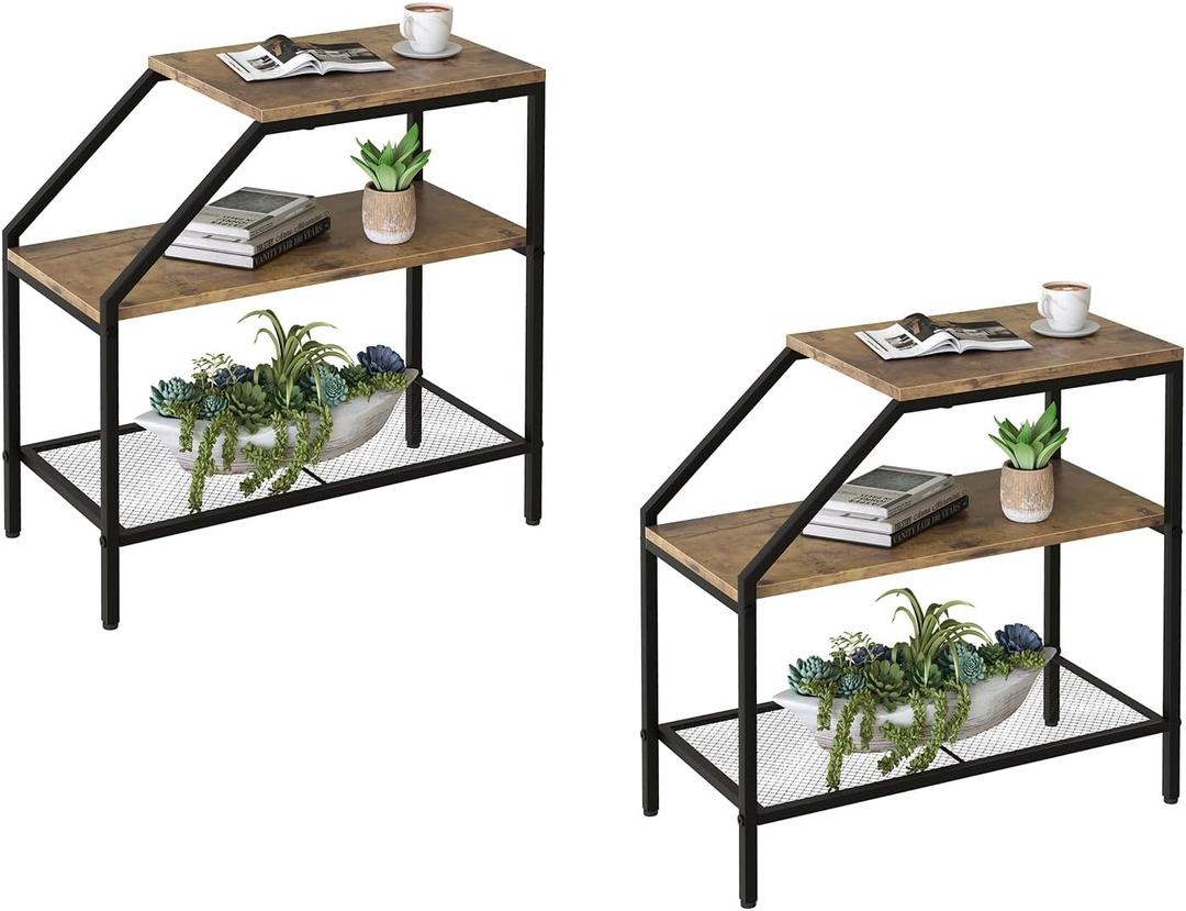 Wolawu End Table 3 Tiers 2pcs Wood Nightstand with Storage Ladder Shelf,Industrial Sofa Side Table for Small Space, Modern Trapezoid Plant Stand in Living Room Bedroom,Gold Metal Frame (Brown)