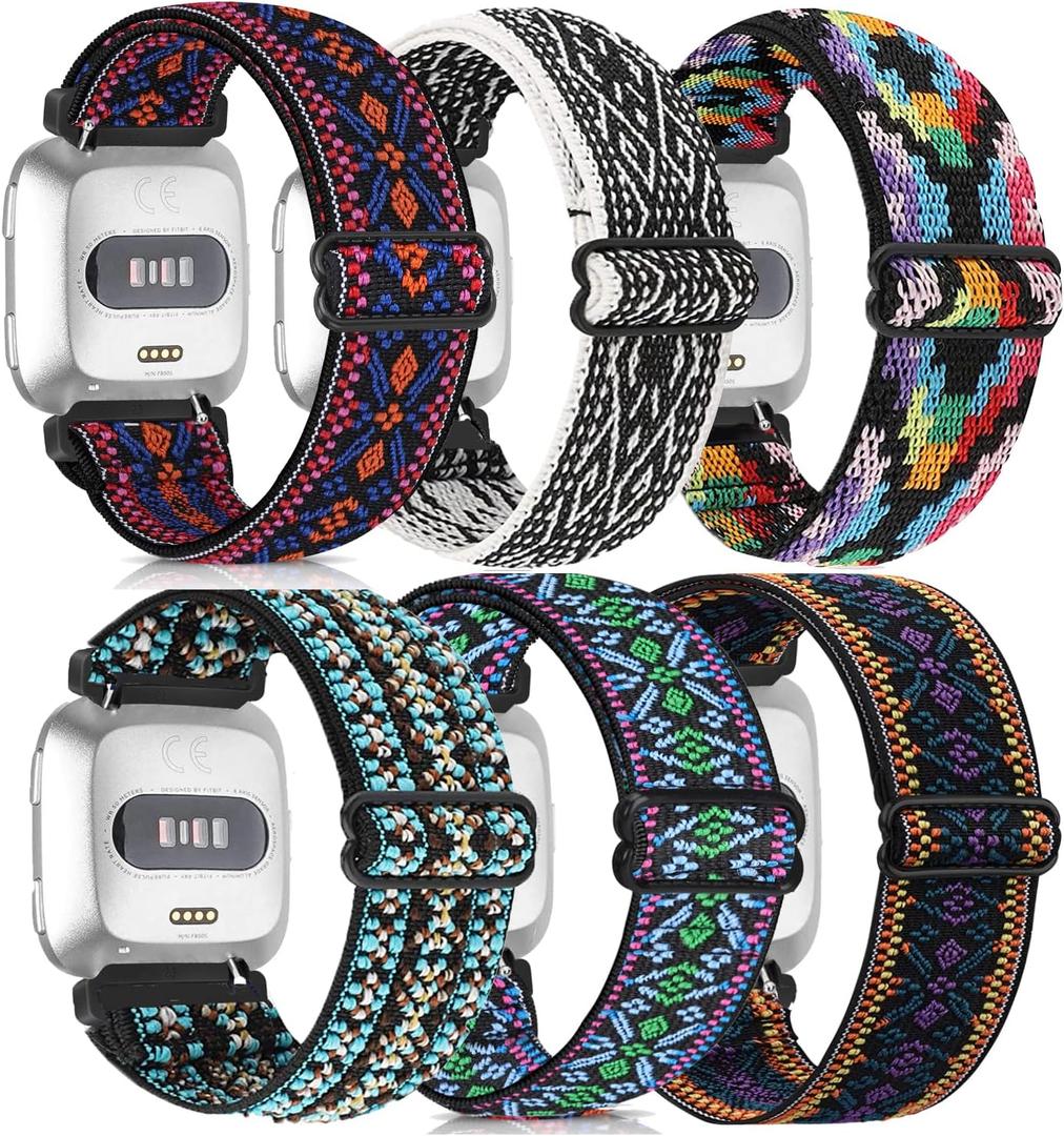 6 Pack Adjustable Elastic Watch Band Compatible with Fitbit Versa/Fitbit Versa Lite/Fitbit Versa 2 Bands for Women Men, Stretchy Sport Loop Band Soft Nylon Wristband Accessories