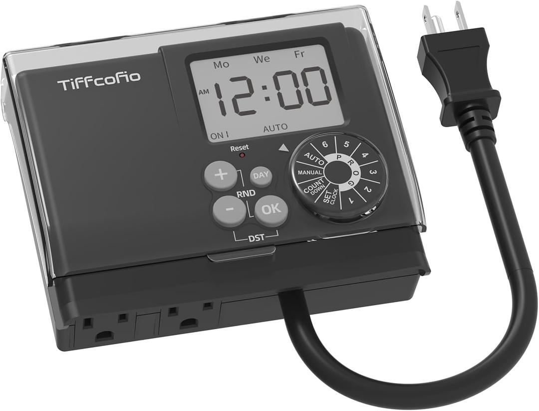 TiFFCOFiO New Digital Outdoor Timer Waterproof, Dial Programmable Method, Outdoor Pool Pump Timer with 2FT Extension Cord, 2 Grounded Electrical Outlets for Lights, 6 Sets of Programs, 20A/2500W