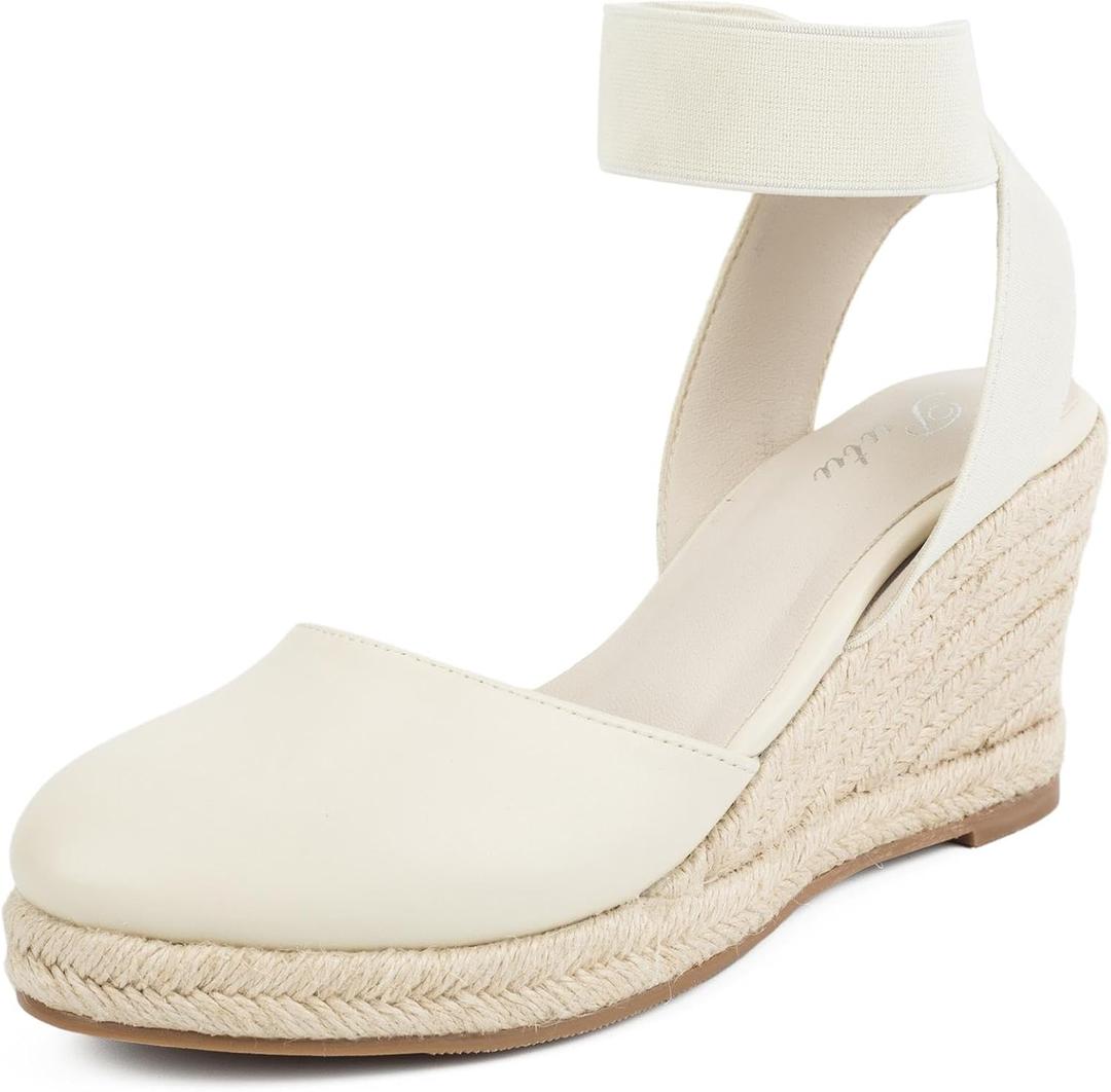 Putu Espadrilles Wedges for Women Closed Toe Wedge Sandals Elastic Ankle Strap Wedge Shoes White Size 7.5