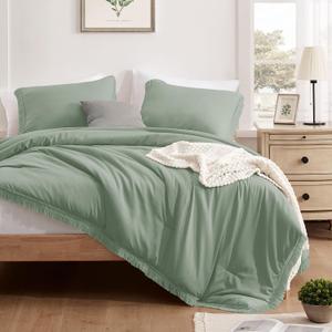 downluxe Queen Comforter Set Sage Green, 3 Pieces Boho Tassel Bedding Comforter Set for All Seasons, Soft Fringe Comforter Set Queen Size (90" X 90" Comforter & 2 Pillowshams)