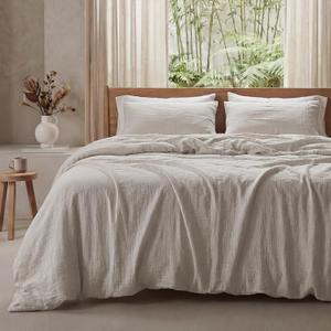 Bedsure Muslin Cotton Duvet Cover Queen Size - Cotton Blend Rayon Derived from Bamboo, Cooling Duvet Covet Set for Hot Sleepers - Ultra-Soft & Breathable & Lightweight Bedding Set (Linen, 90"x90")