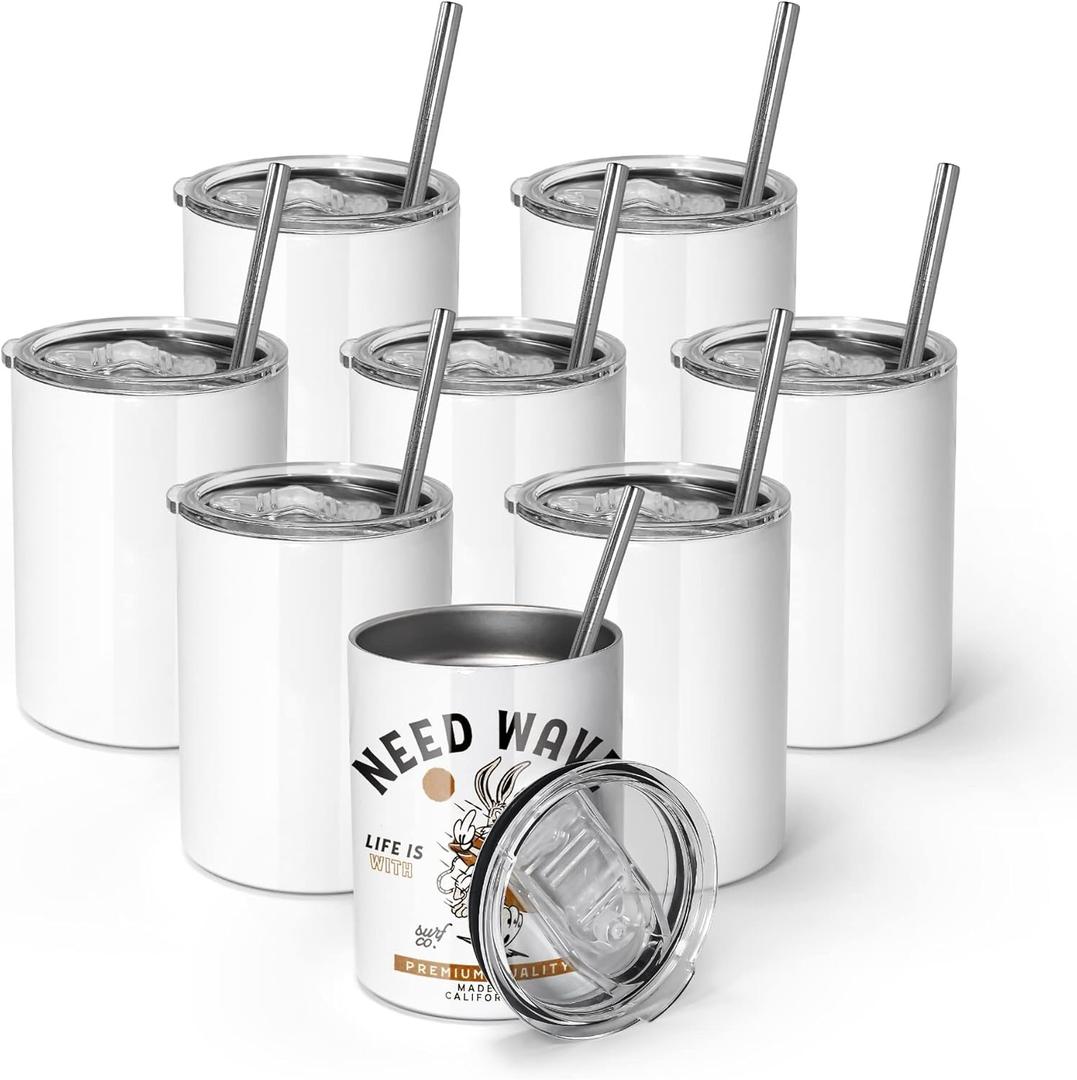AGH 10OZ Sublimation Wine Tumblers Blanks, 8 Pack Straight Stainless Steel Tumblers with Lids and Straw, Sublimation Coffee Cups Mugs for Hot & Cold Drinks