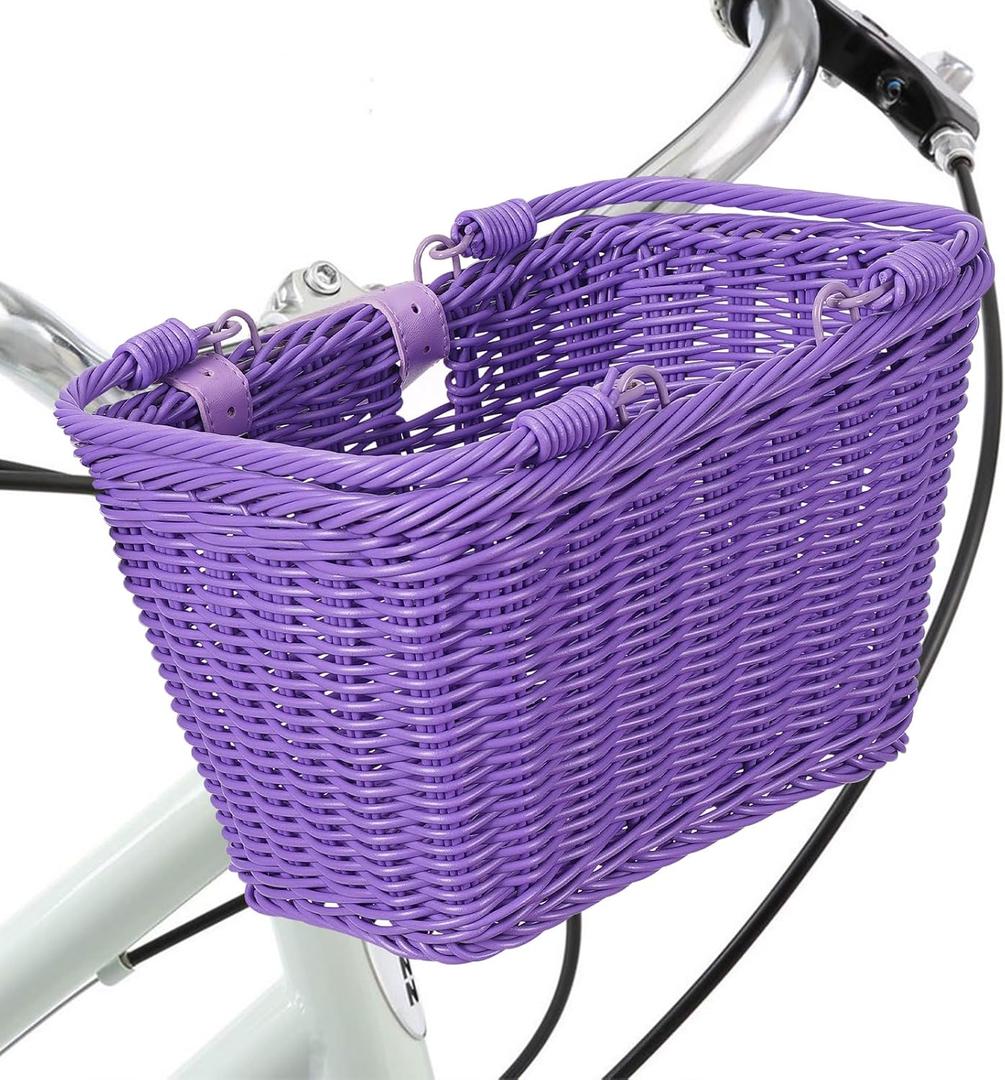 Little World Bike Basket Front Bicycle Bike Baskets for Kids - Handwoven, Detachable Front Handlebar Basket, Ideal for Shopping, Commuting, and Pet Carriers 1 Pack (Purple)