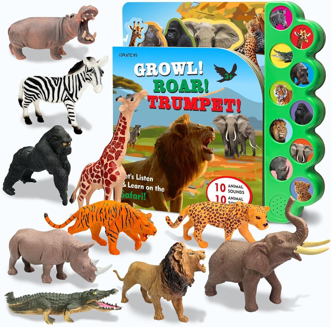 Safari Animals Figures Toys with Sound Books, 10PCS Realistic Jungle Animals Figures & Safari Animals Book with 10 Buttons, Zoo Animal Toys, Learning Toy for 3+ Year Old Boys, Girls, Kids