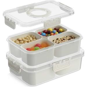 Snackle Box Container, Upgrade Dishwasher,Safe Snack Box for Adult Kids, 4 compartments Plastic Divided Serving Tray with Lid and Handle for Candy, Fruits, Snacks, Nuts,Small,White,2 Pack