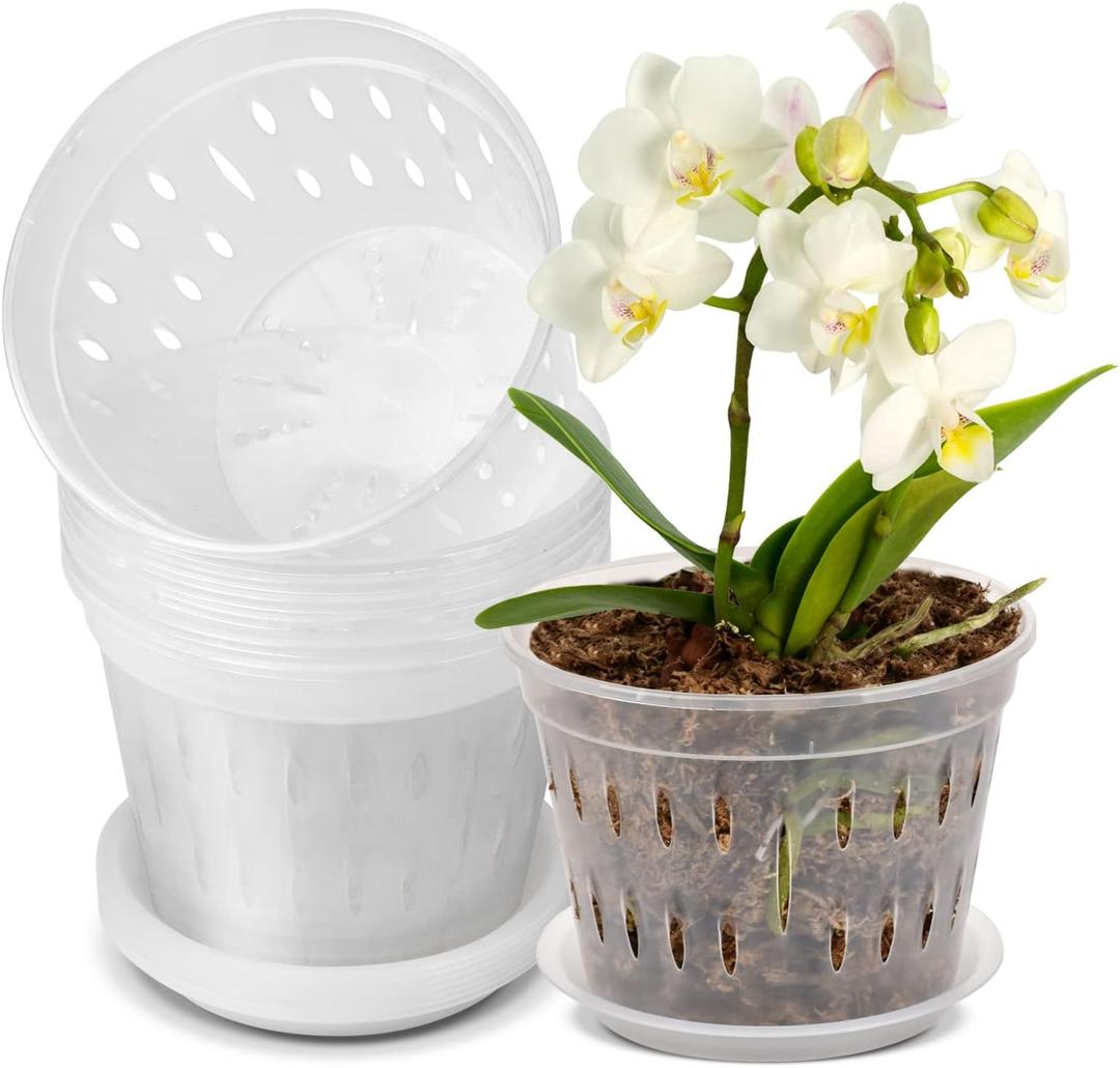 JGB 9 Pack 7 Inches Orchid Pots for Repotting, Clear Orchid Pot with Holes and Saucers, Breathable Slotted Orchid Planters, Plastic Flower Plant Pots Indoor and Outdoor