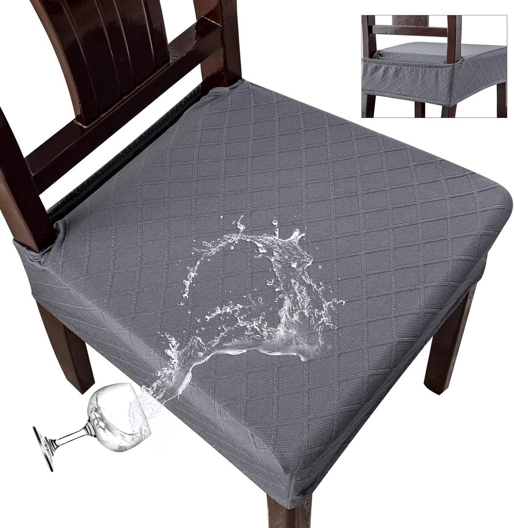 Genina Waterproof Seat Covers for Chairs,Set of 4 Dining Room Chair Seat Covers for Kitchen,Stretch Jacquard Removable Washable Dining Chair Slipcovers Protectors with Rear Covers, Dark Grey