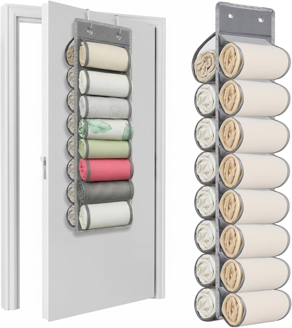 Over The Door Hoodie Organizer, Double Sided Holds 16 Hoodies, Gray Hanging Storage with 2 Hooks and Rope for Door Closet Cabinet Use, Ideal for Dorm Rooms, Bedroom, Small Spaces (34.6 Inch, Grey)
