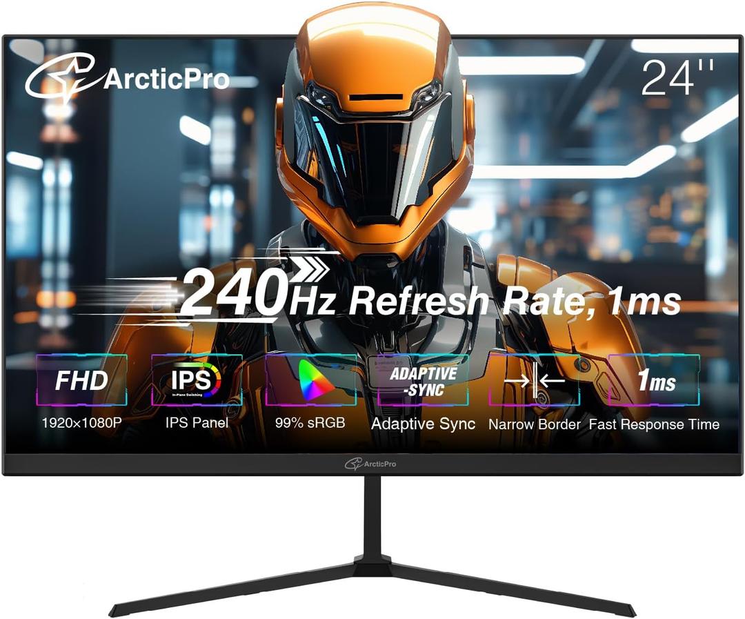 ArcticPro 24 inch Gaming Monitor 240Hz, FHD 1080p, IPS Panel, 1ms Response Time, Adaptive sync, PC Computer Monitor, 3-Sided Frameless, Ultra Slim, 120% sRGB, Bluelight Filter, HDMI & DP Ports,Black
