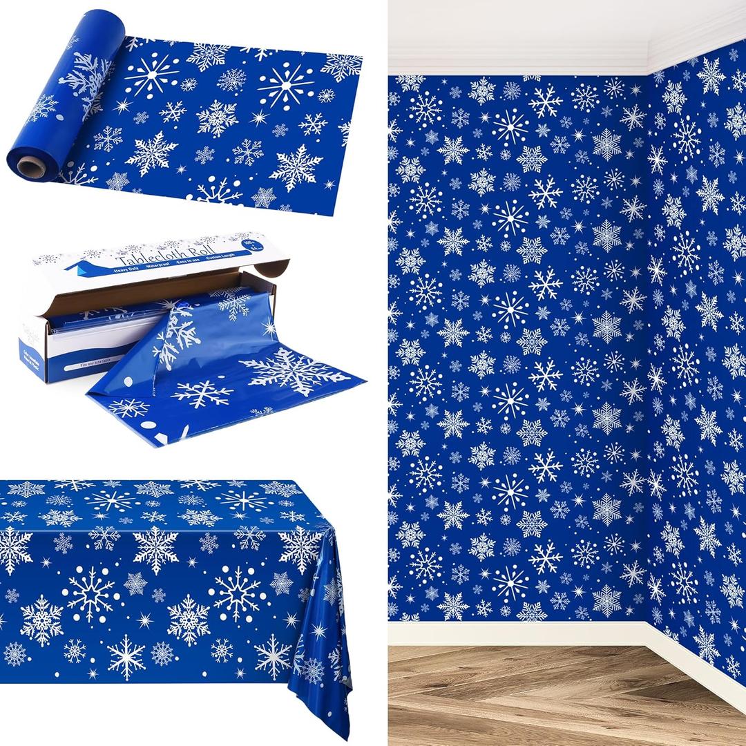 Kochorie 100 Ft x 54 Inch Blue Snowflake Tablecloth Roll with Cutter Box Christmas Themed Snowflake Printed Disposable Winter Backdrop Cut to Size Table Cover for Frozen Birthday Party Supplies