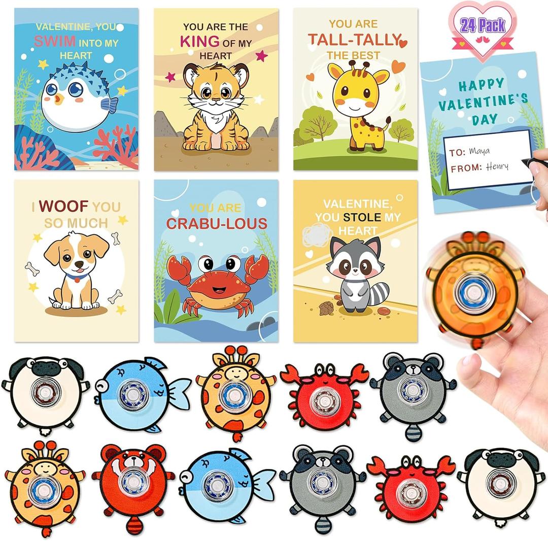 Valentines Day Cards for Kids School Classroom Exchange, 24 Pack Valentines Cards with Animal Fidget Spinner Toys Bulk, Boys Girls Valentines Cards Gifts for Classroom School Favors Prizes